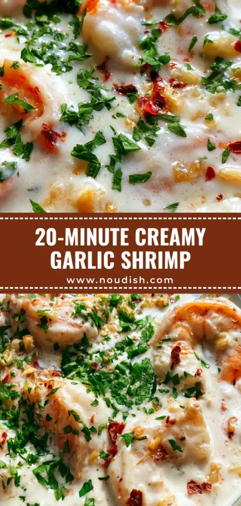 A top-down shot of Creamy Coconut Garlic Shrimp in a rustic dark bowl with thick white sauce and green parsley garnish.