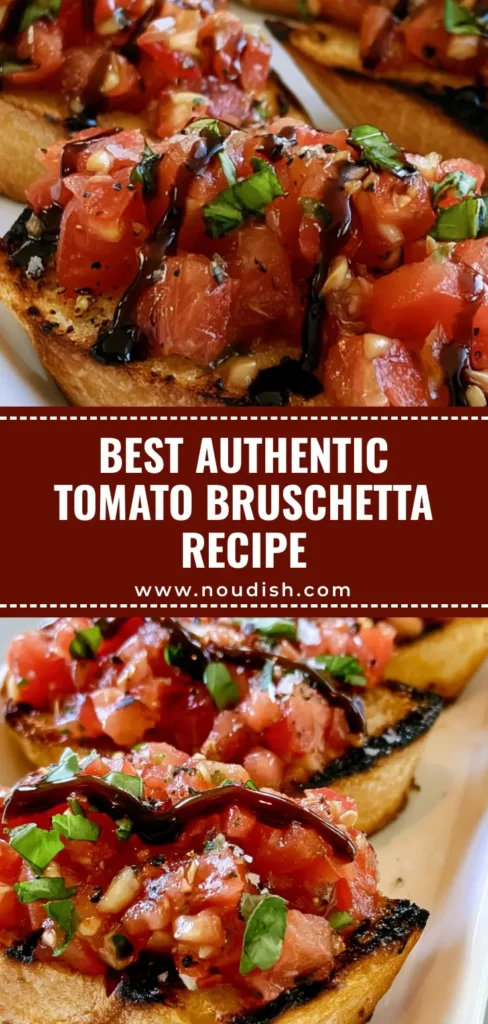 A close-up of Italian Bruschetta Recipe slices with balsamic glaze drizzle and fresh basil on a white platter.