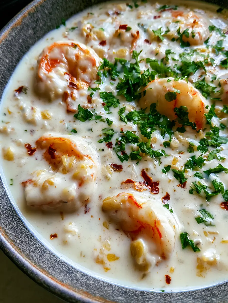 Close-up of seared jumbo shrimp submerged in a velvety garlic coconut sauce. (Creamy Coconut Garlic Shrimp)