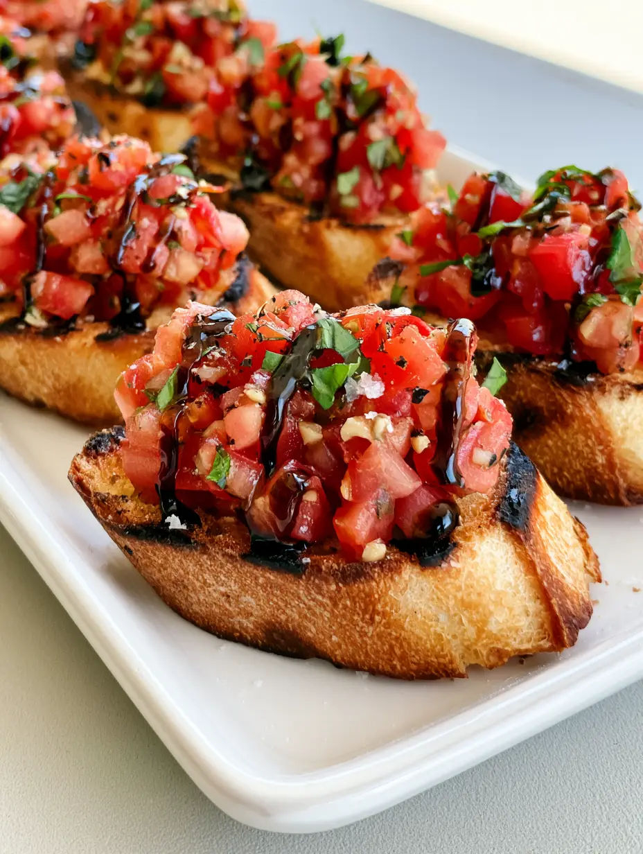 Diagonal slices of toasted baguette topped with diced tomatoes and basil (Italian Bruschetta Recipe).