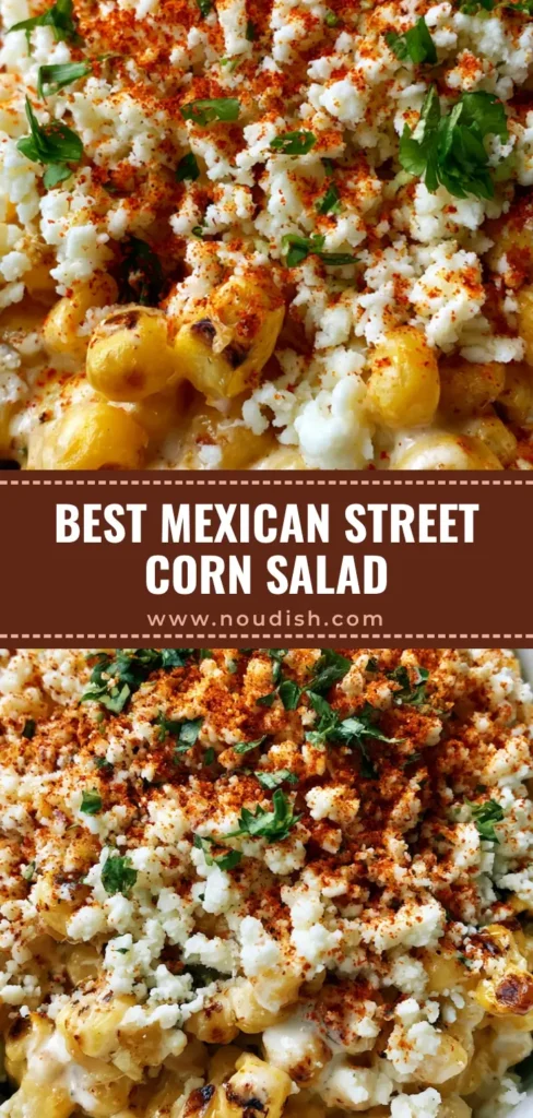 Mexican Street Corn Salad: The Ultimate Creamy and Charred Esquites Recipe 3 A vertical shot of Mexican Street Corn Salad in a white bowl featuring charred corn, creamy sauce, cotija cheese, and chili powder garnish.