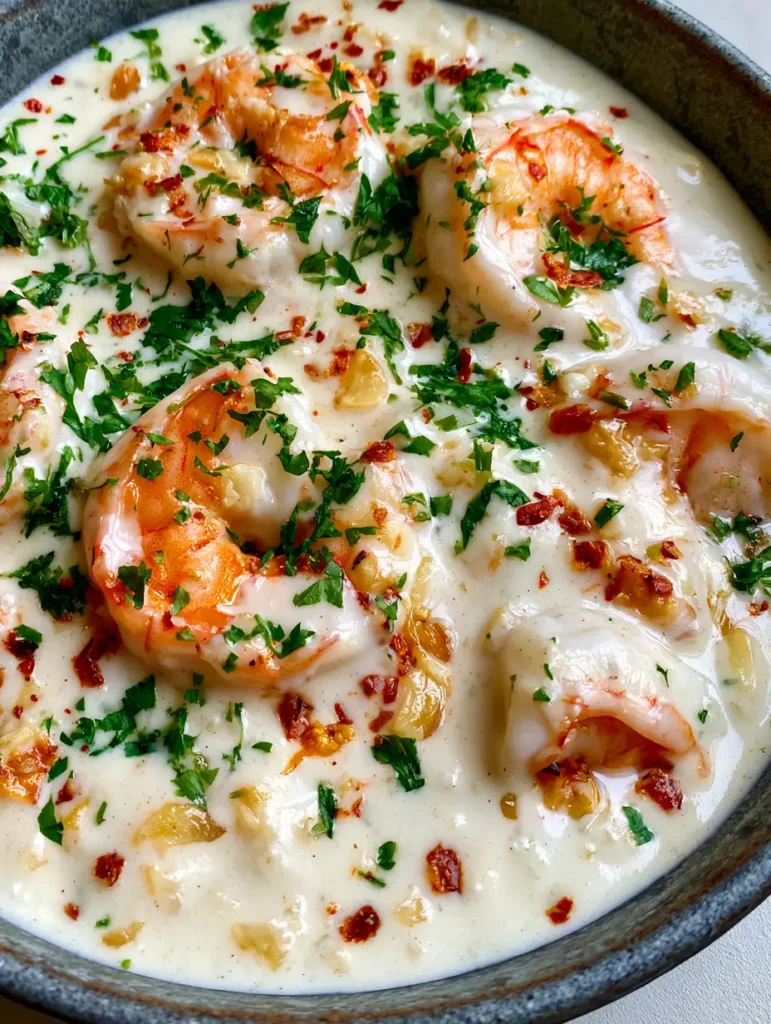 Creamy Coconut Garlic Shrimp finished with red pepper flakes and fresh parsley in a dark ceramic bowl.