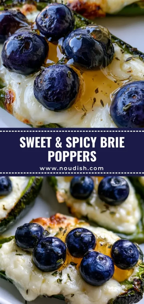 Close up shot of roasted Blueberry Brie Jalapeño Poppers with charred skins, bubbling brie, fresh blueberries, and honey drizzle. (Blueberry Brie Jalapeño Poppers)