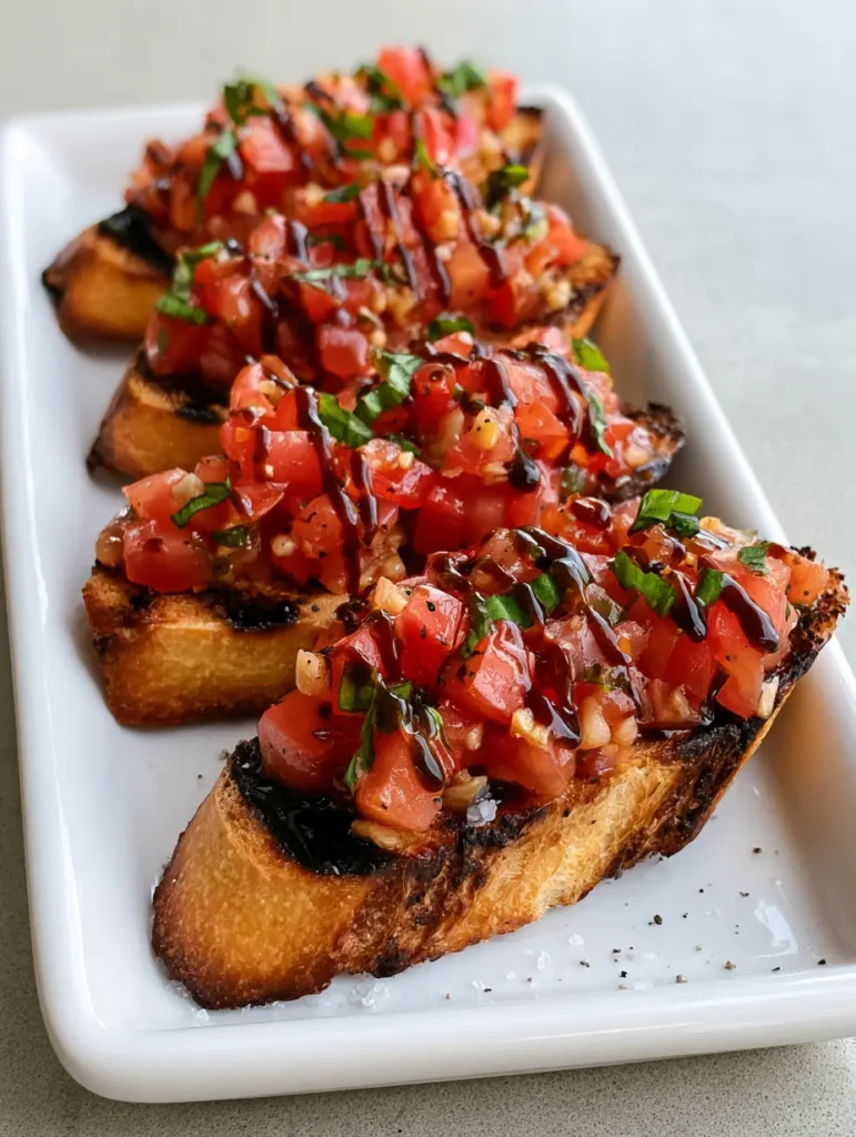 Close up shot of balsamic glaze drizzled over an Italian Bruschetta Recipe.