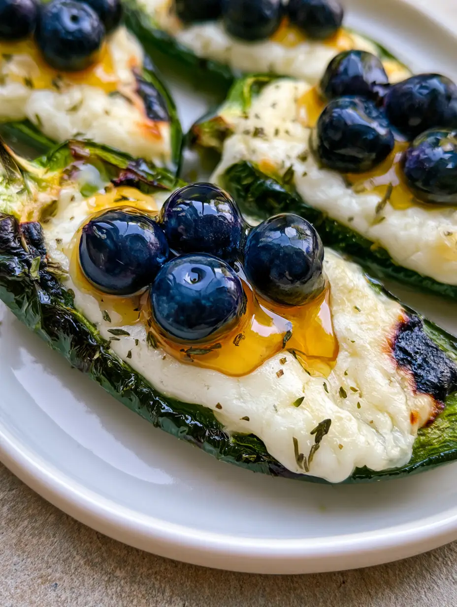 Detailed view of melted brie and glossy blueberries on charred jalapeños. (Blueberry Brie Jalapeño Poppers)