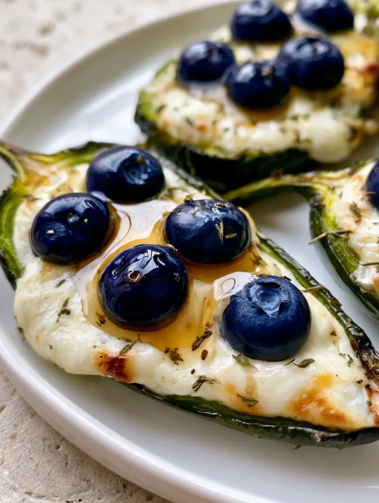 A platter of Blueberry Brie Jalapeño Poppers garnished with thyme and honey.