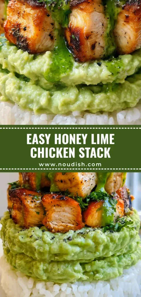 Honey Lime Chicken Avocado Stack with Fluffy Rice 3 A vertical Honey Lime Chicken Avocado Stack with white rice, green mashed avocado, and charred chicken cubes drizzled in sauce.