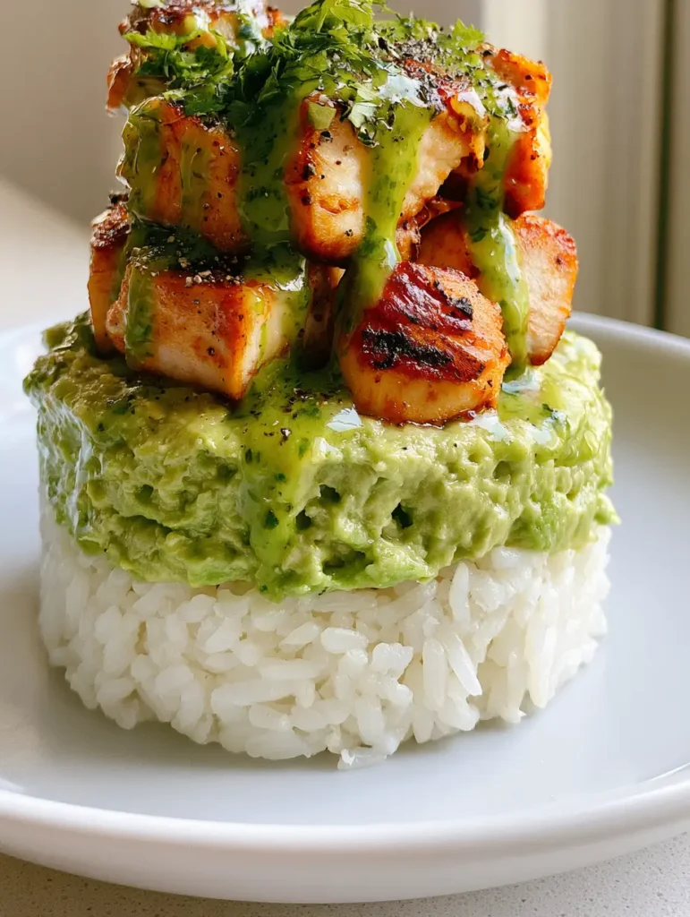 Honey Lime Chicken Avocado Stack with Fluffy Rice 1 Full view of the Honey Lime Chicken Avocado Stack showing the fluffy rice base and creamy avocado layer.