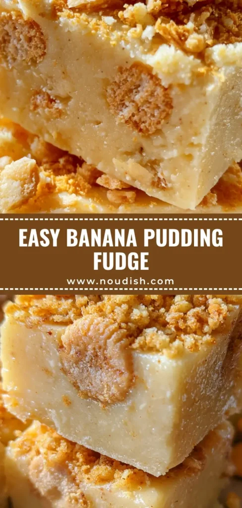 A stack of square-cut Banana Pudding Fudge blocks on a plate, featuring a creamy yellow base topped with crushed vanilla wafers and mini cookies.