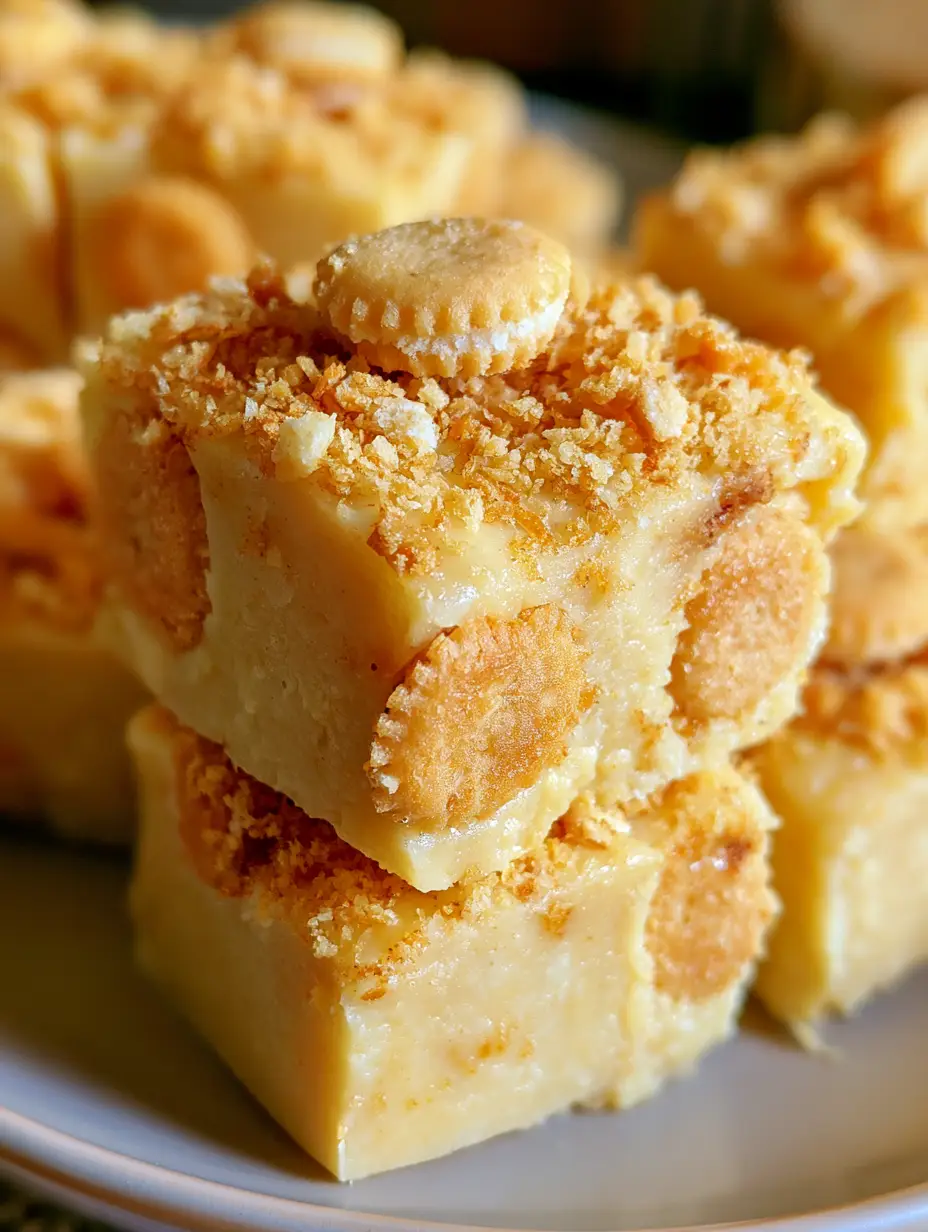 Overhead shot of dense Banana Pudding Fudge with sharp edges, heavily garnished with wafer crumbs. (Banana Pudding Fudge)