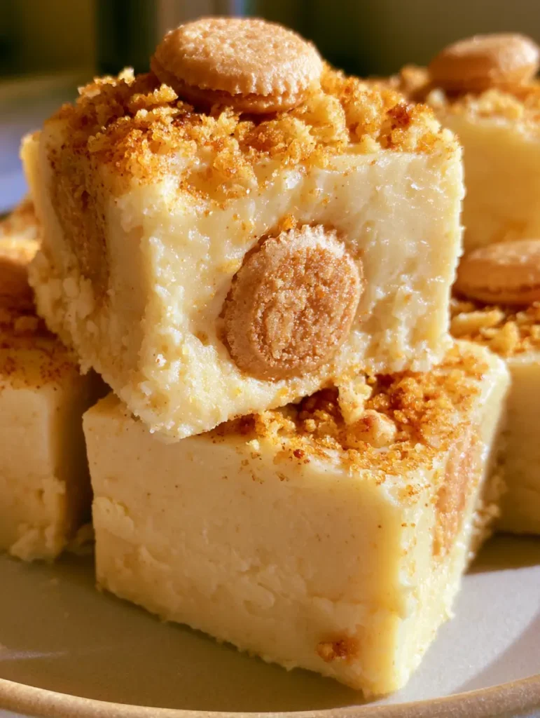 Close up of Banana Pudding Fudge showing the pale yellow color and mini vanilla wafers pressed into the top.