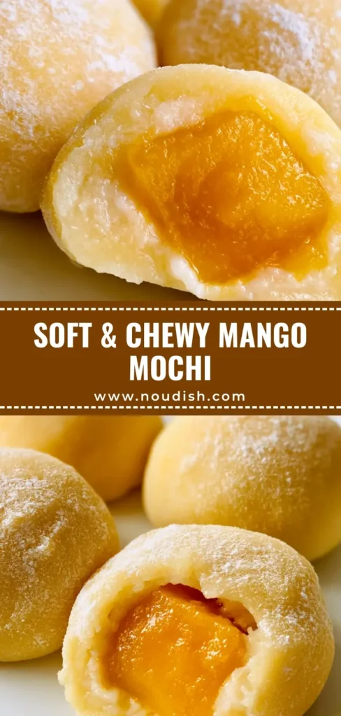 Three round, soft Homemade Mango Mochi on a white plate with one sliced in half to show the orange mango and coconut cream center.