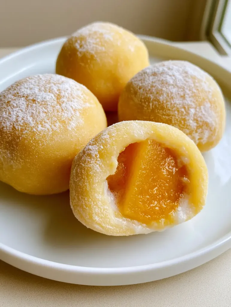Soft pastel yellow Homemade Mango Mochi dusted with cornstarch on a minimalist plate.