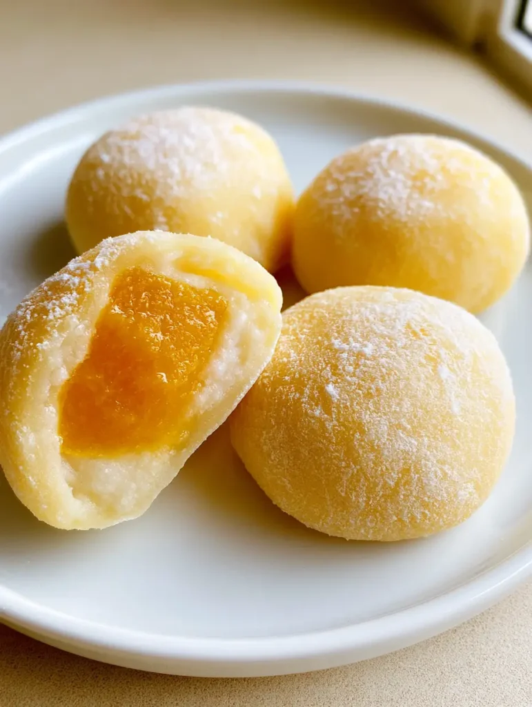 A close-up of a sliced Homemade Mango Mochi revealing a deep orange mango square and coconut cream.