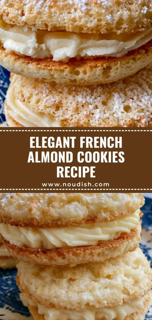 A vertical handheld smartphone photo of French almond dacquoise sandwich cookies on a vintage blue and white ceramic plate. (French Almond Cookies)