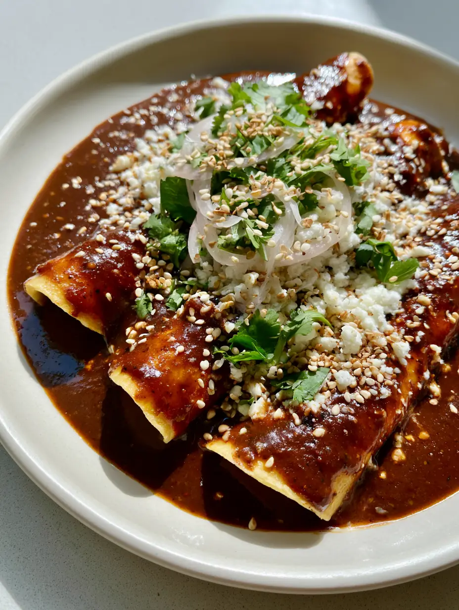 A handheld smartphone photo of three rolled corn tortillas generously draped in a thick, glossy, dark mahogany-brown mole sauce on a white plate.