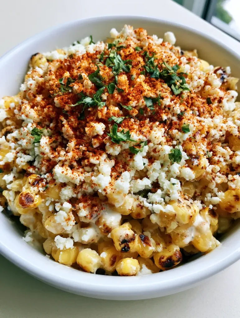Close-up of golden charred corn kernels in a Mexican Street Corn Salad with cilantro and chili powder.