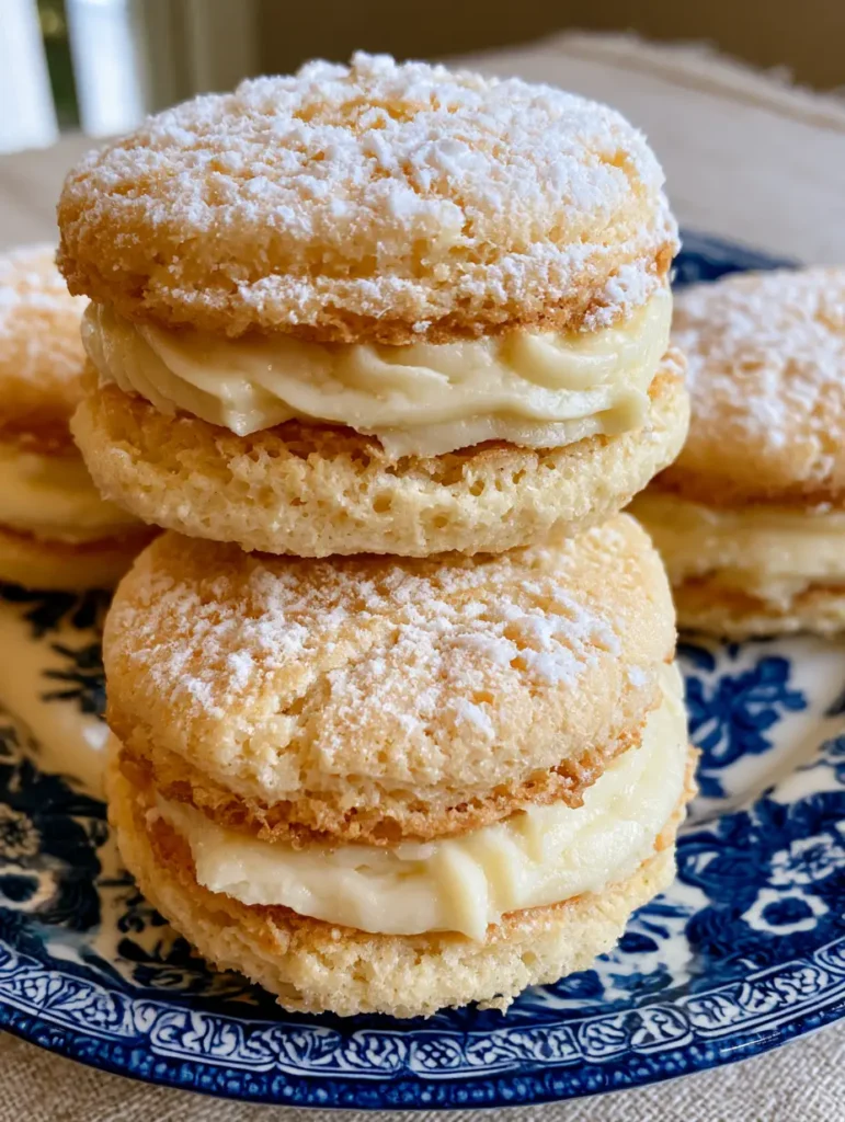 Close up of off-white airy almond meringue layers with a visible porous texture and powdered sugar dusting. (French Almond Cookies)