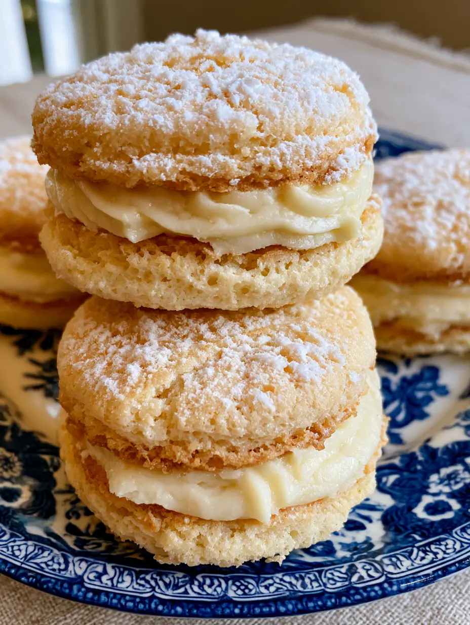 Close up of off-white airy almond meringue layers with a visible porous texture and powdered sugar dusting. (French Almond Cookies)