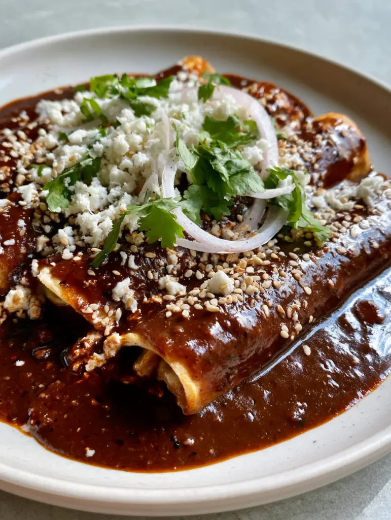 Side view of Chicken Mole Enchiladas garnished with queso fresco, translucent white onions, and fresh cilantro.