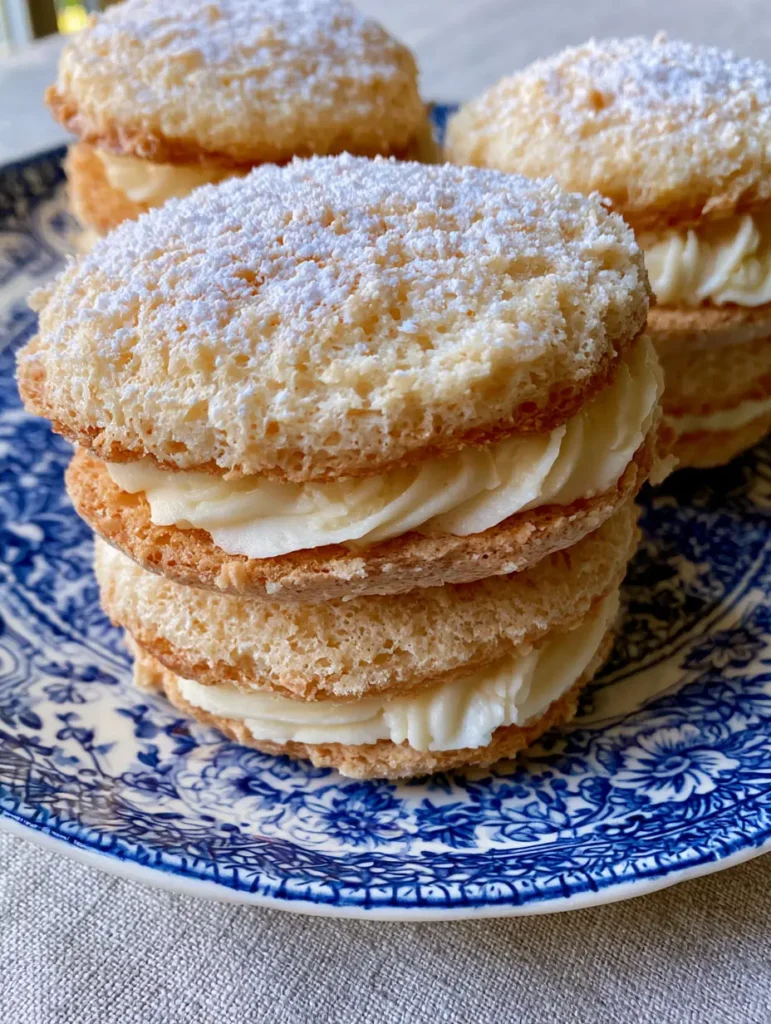 Piped white almond cream filling between two golden-crisp almond cookies on a floral plate. (French Almond Cookies)
