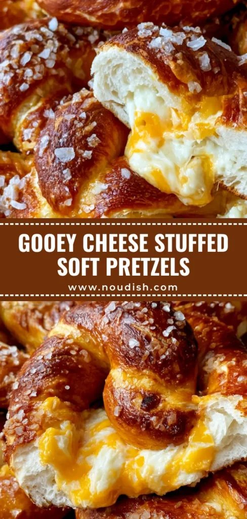 A stack of golden-brown Cheese Stuffed Pretzels with coarse sea salt, one torn open to show melted yellow cheddar and white cream cheese filling.