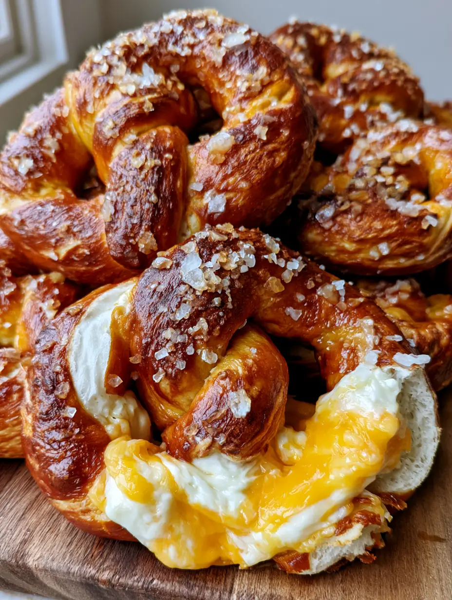 A handheld photo of thick, braided Cheese Stuffed Pretzels with a glossy mahogany crust and large salt crystals on a wooden board.