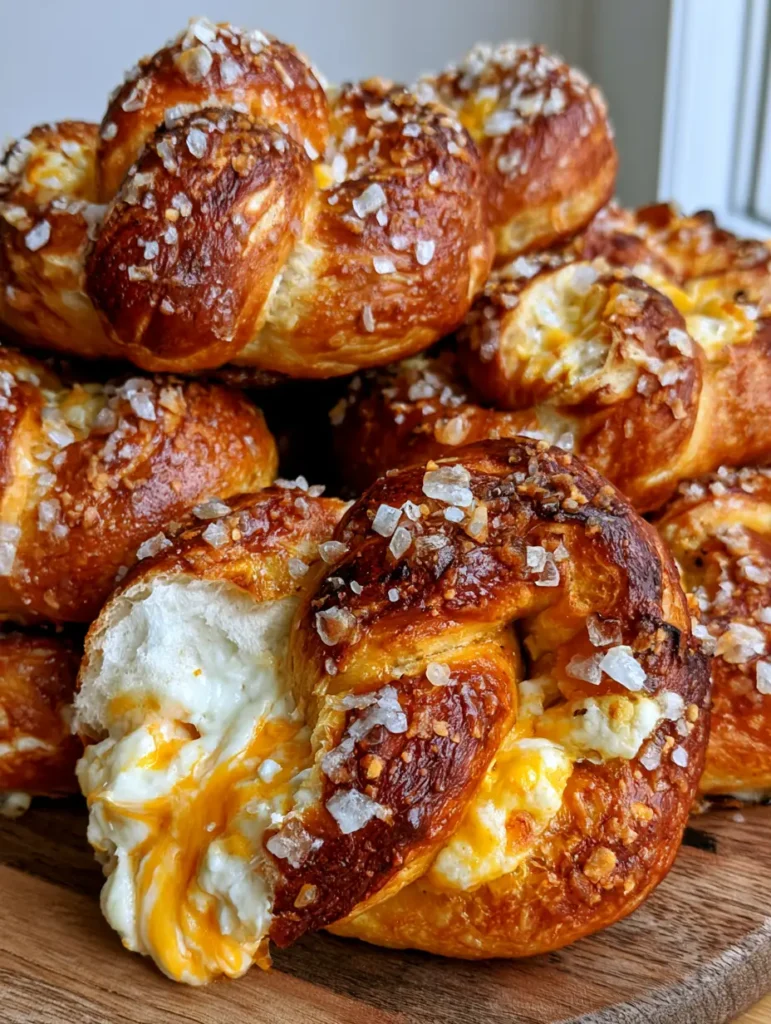 A close-up of a torn-open Cheese Stuffed Pretzel revealing steaming white cream cheese and gooey sharp yellow cheddar inside.