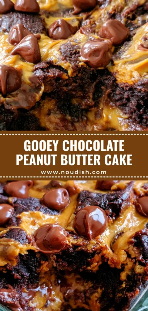 A scooped-out corner of a Chocolate Peanut Butter Dump Cake showing a molten chocolate center and glossy melted chips in a glass dish.