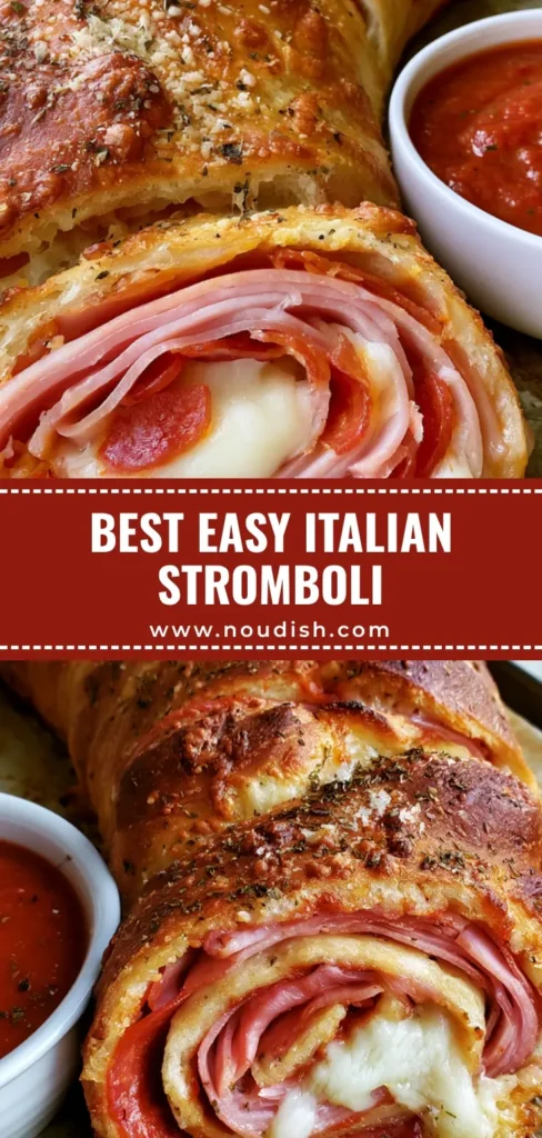 A handheld photo of a sliced Italian Stromboli Recipe on grease-stained parchment with oozing mozzarella and marinara sauce.