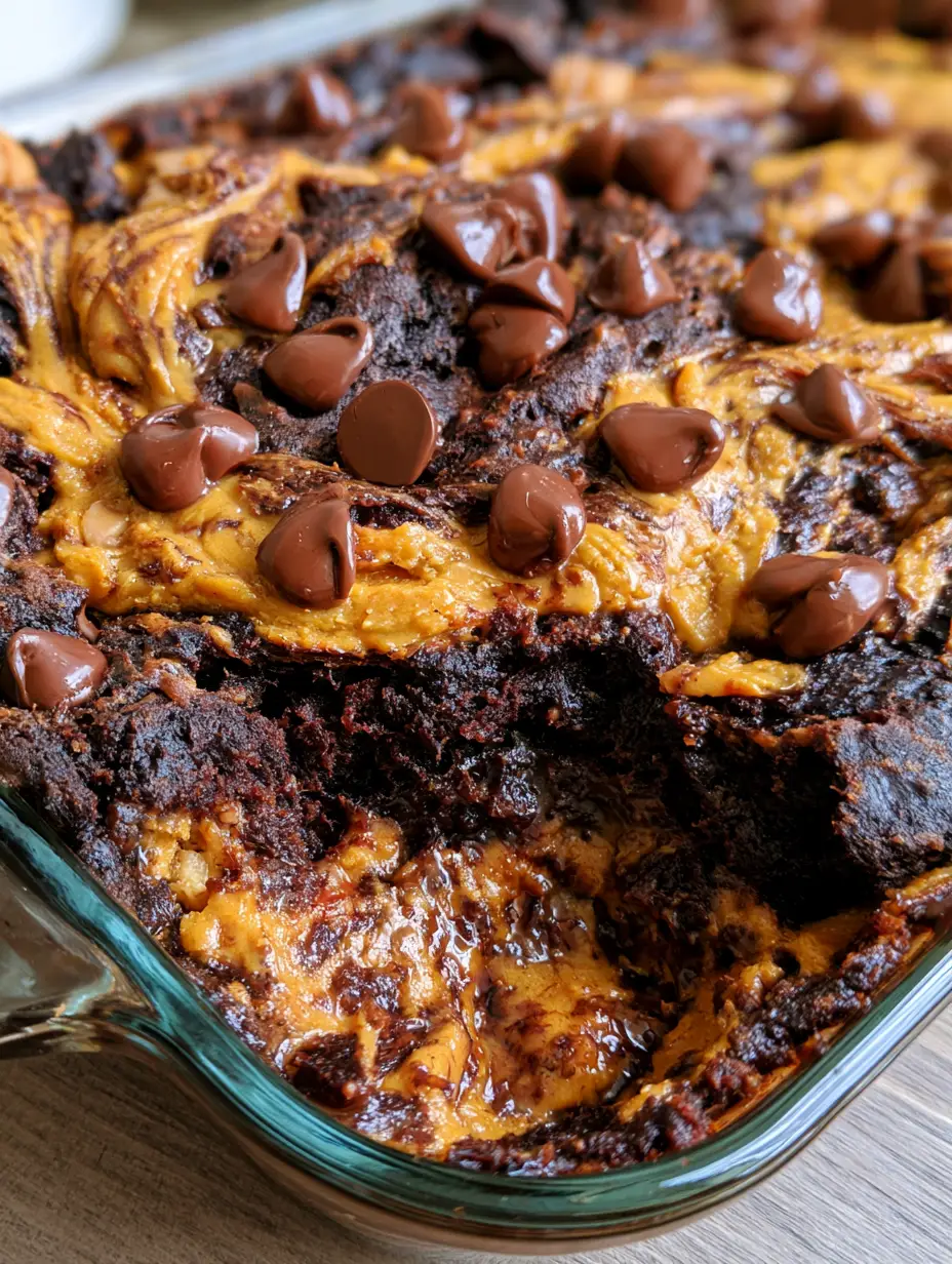 Close-up of Chocolate Peanut Butter Dump Cake with thick creamy peanut butter swirls and semi-sweet chocolate chips.