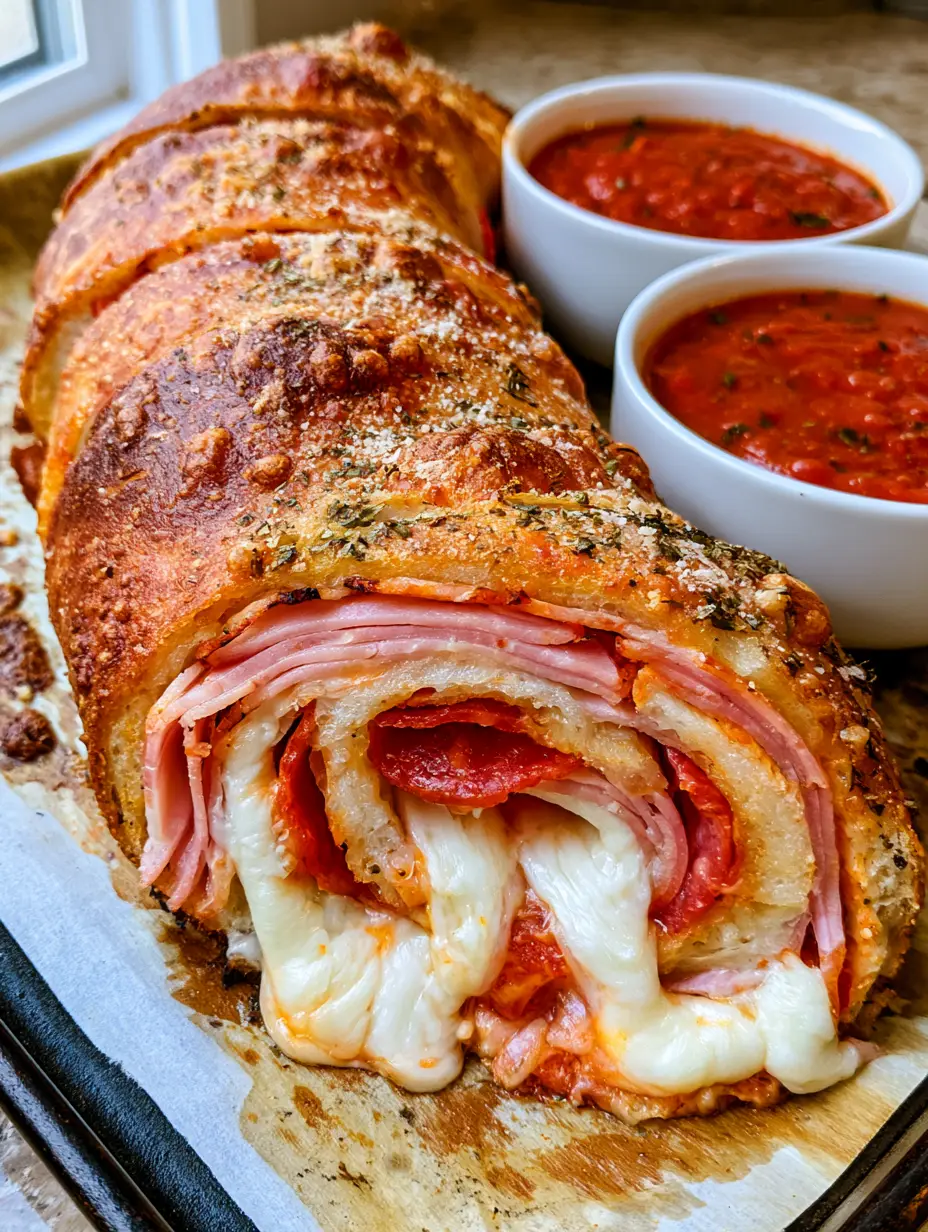 Close-up of an Italian Stromboli Recipe showing deep golden-brown crispy crust and dried herb flecks.