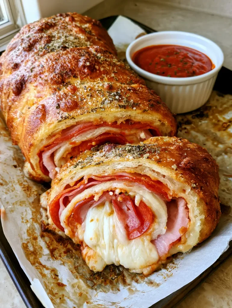 Cross-section of Italian Stromboli Recipe with layers of ham, pepperoni, and melted white mozzarella.
