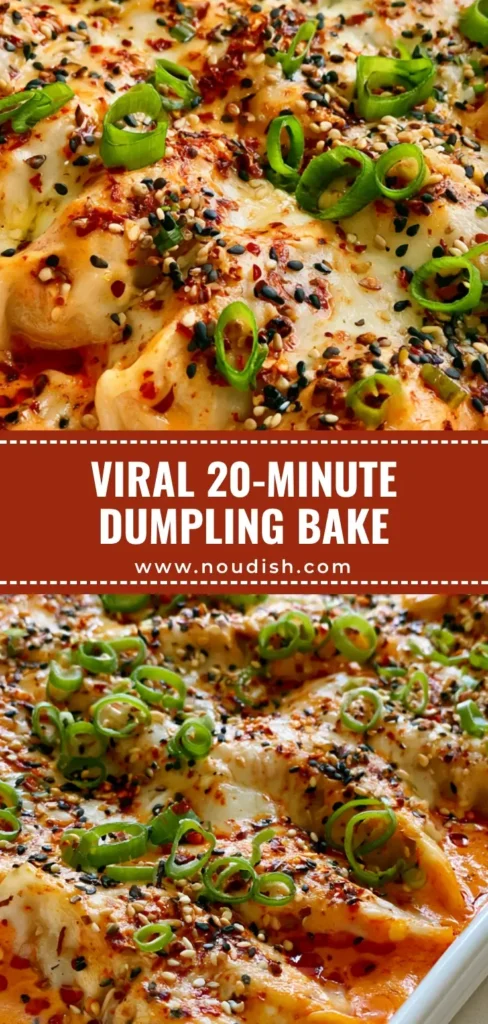 A close up photo of Viral Dumpling Bake in a white dish with melted mozzarella and chili oil. (Viral Dumpling Bake)