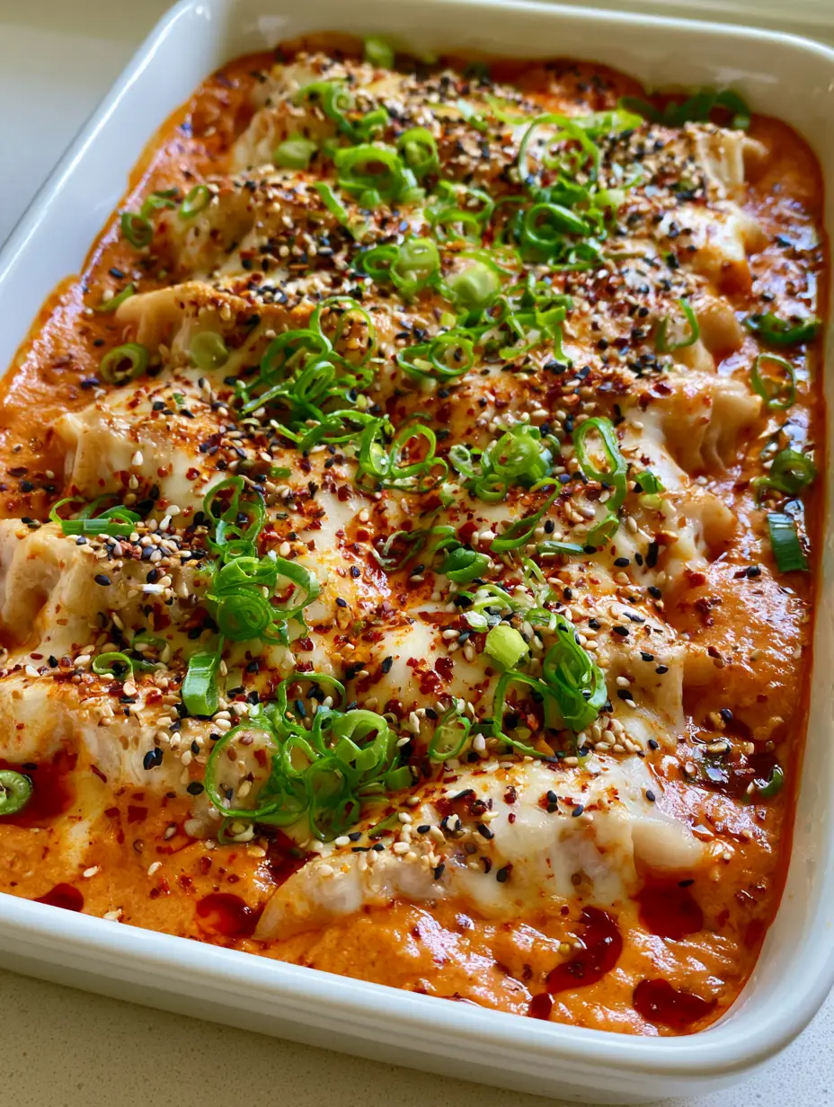 A detailed smartphone photo showing rows of gyoza in a creamy orange sauce for the Viral Dumpling Bake. (Viral Dumpling Bake)