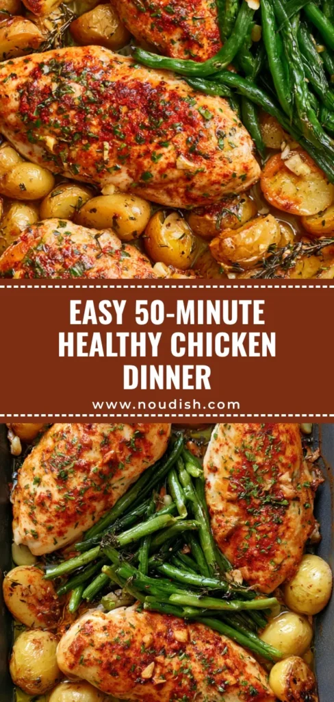 A top-down view of a dark grey roasting pan containing three golden-brown smoked paprika chicken breasts, charred baby yellow potatoes, and blistered green beans. (Sheet Pan Chicken Dinner)