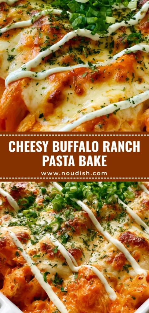 A vertical overhead shot of Buffalo Ranch Chicken Pasta Bake in a white dish with melted mozzarella and a ranch drizzle.