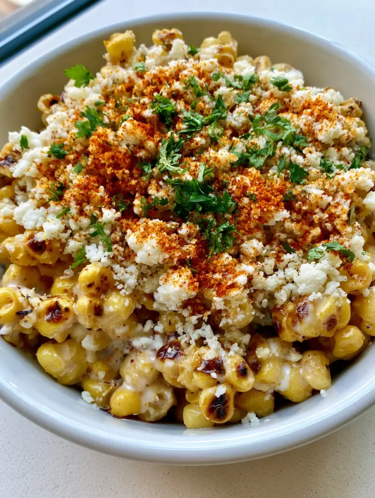 Mexican Street Corn Salad: The Ultimate Creamy and Charred Esquites Recipe 1 Overhead view of Mexican Street Corn Salad showing the heavy cotija cheese crumble and lime-crema sauce.