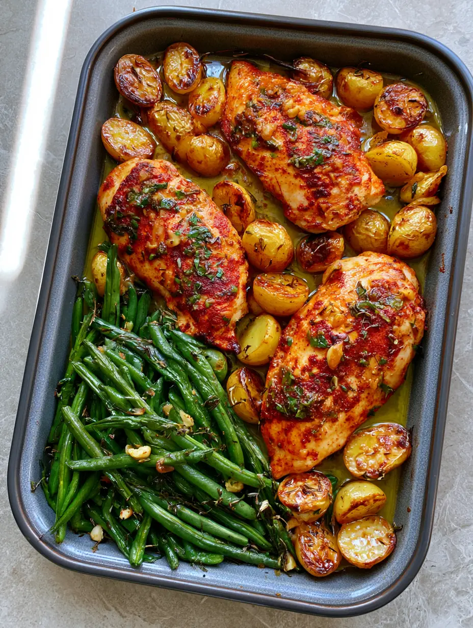 Detailed top-down shot of roasted chicken seasoned with red paprika and thyme alongside charred yellow potatoes. (Sheet Pan Chicken Dinner)
