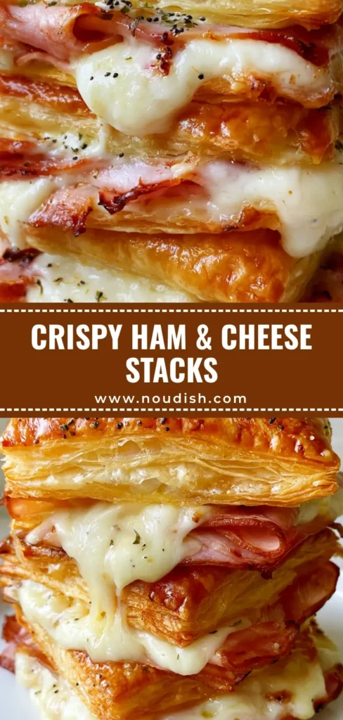A vertical stack of golden-brown Ham and Cheese Puff Pastry layers with melted Swiss cheese and poppy seeds.
