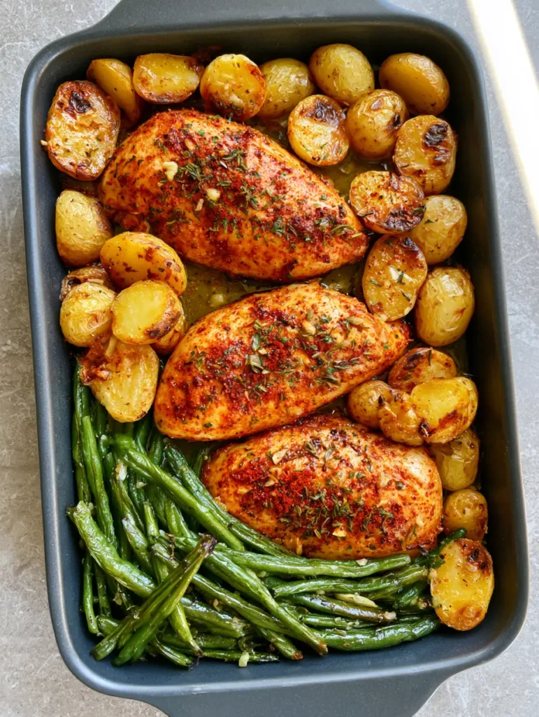 Close up of blistered green beans and crispy potatoes in a dark stoneware pan. (Sheet Pan Chicken Dinner)