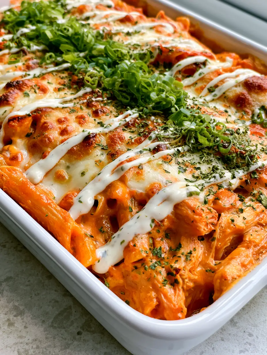 Close-up smartphone photo of Buffalo Ranch Chicken Pasta Bake showing vibrant orange sauce and bubbly toasted cheese.