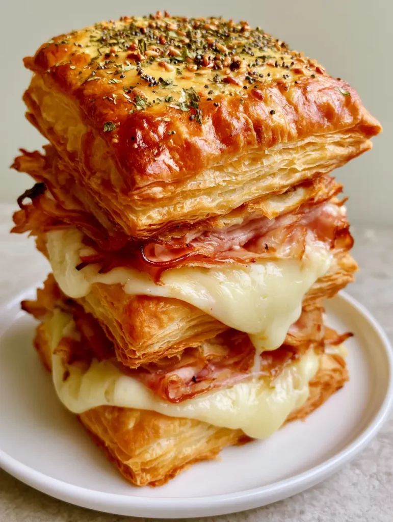 Close up of flaky Ham and Cheese Puff Pastry layers showing the buttery glossy sheen and herbs. (Ham and Cheese Puff Pastry)