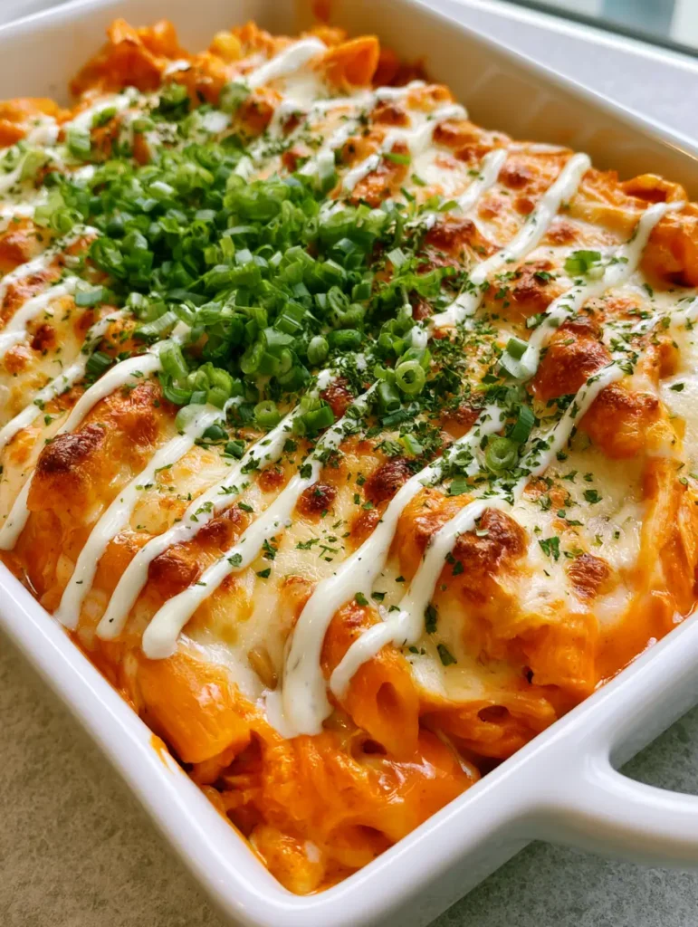 A wider angle of the Buffalo Ranch Chicken Pasta Bake in a white ceramic dish on a grey stone countertop.