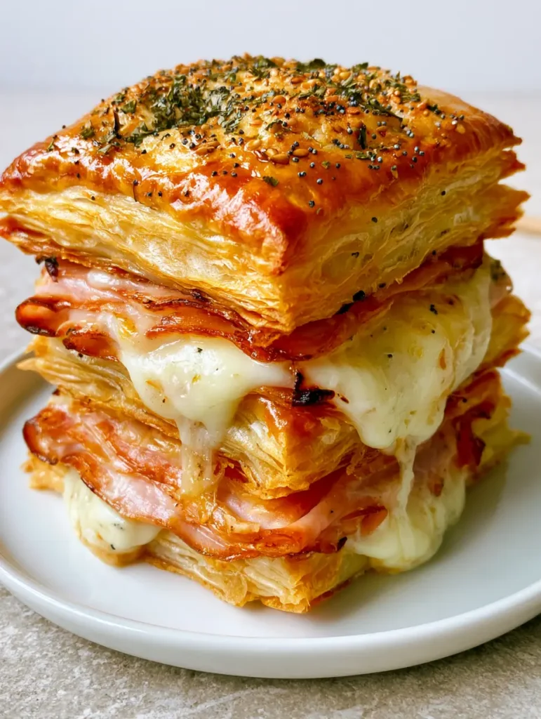 Side view of melted Swiss cheese dripping down a Ham and Cheese Puff Pastry stack on a white plate.