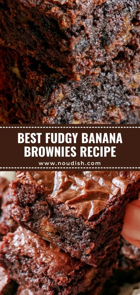 A stack of fudgy banana brownies with a crackly top on parchment paper.