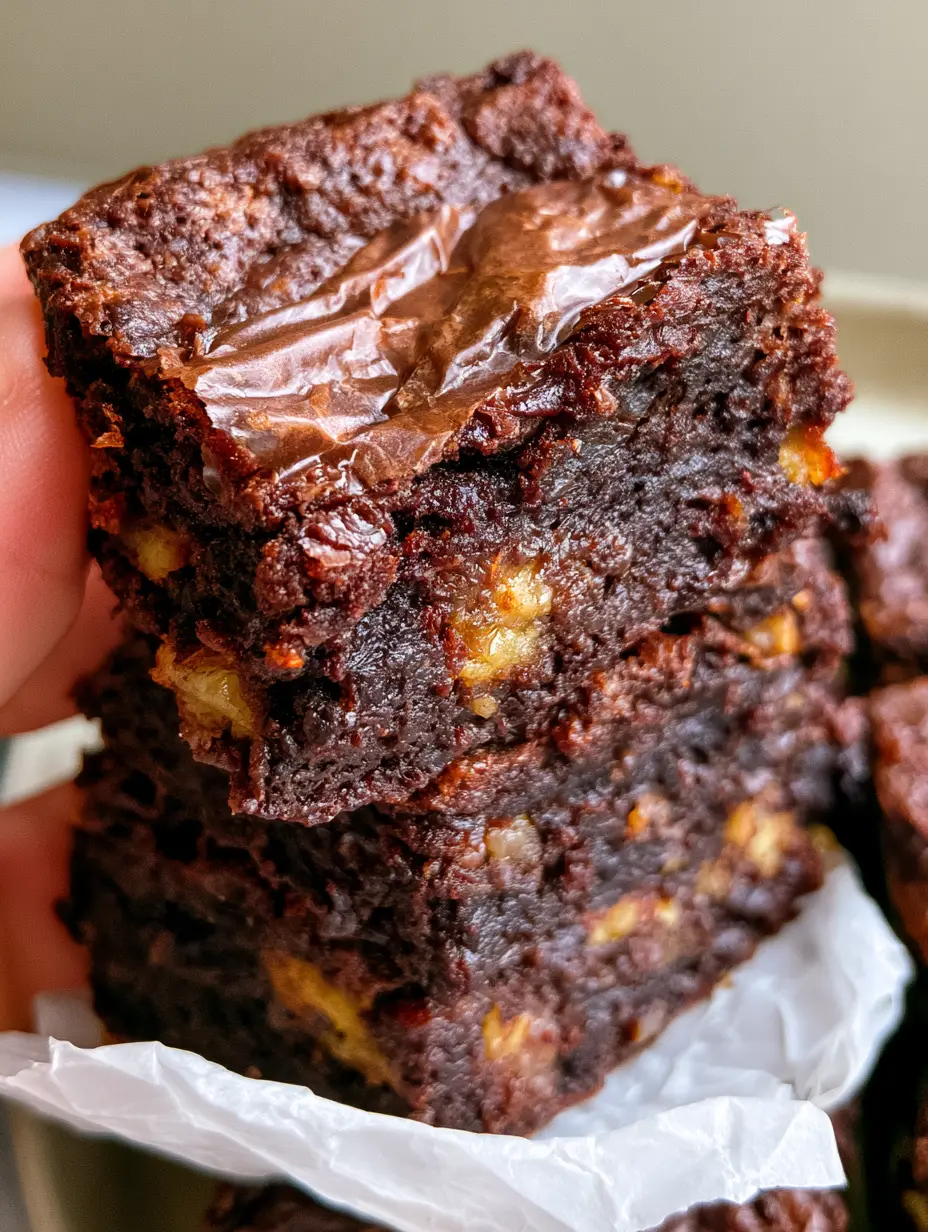 Close up top-down shot of a fudgy banana brownie held in a hand showing dense chocolate crumb. (banana brownies)