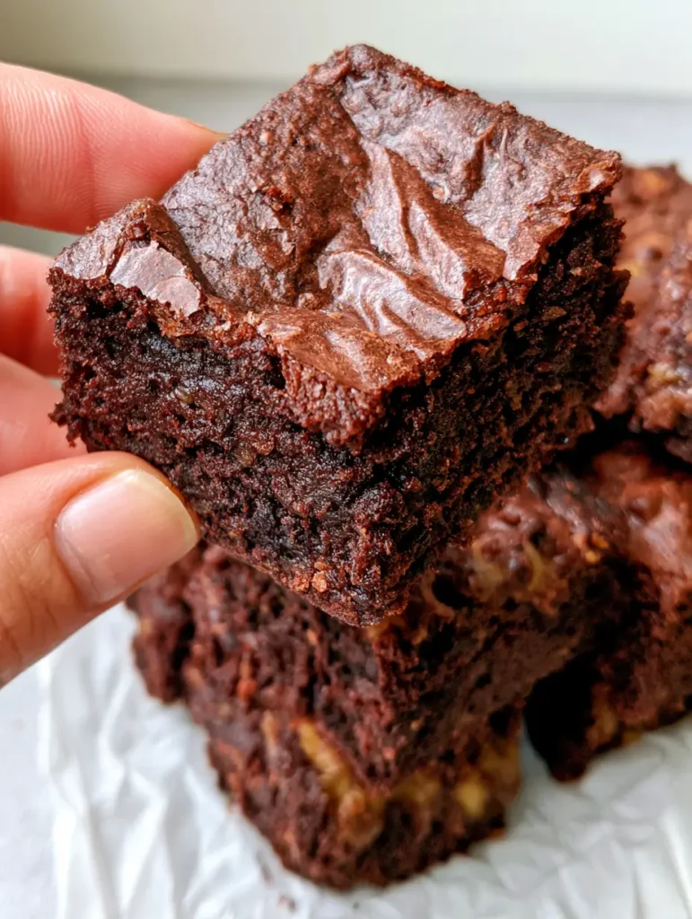 Top-down view of square-cut banana brownies with a shiny paper-like crust. (banana brownies)