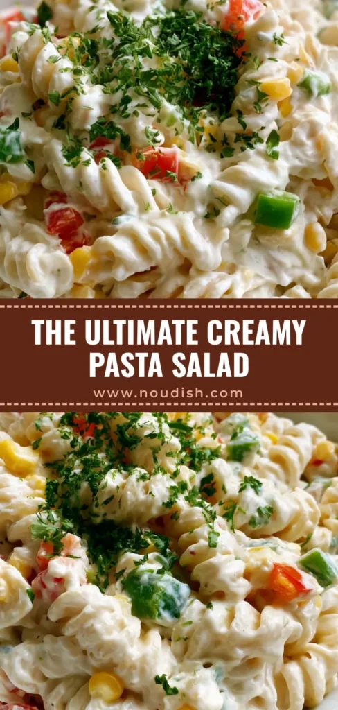 Sour Cream Pasta Salad: The Creamiest Rotini Side Dish for Every Occasion 4 A Pinterest-style vertical photo of Sour Cream Pasta Salad in a white bowl, showing rotini spirals coated in thick white sauce with red and green peppers.