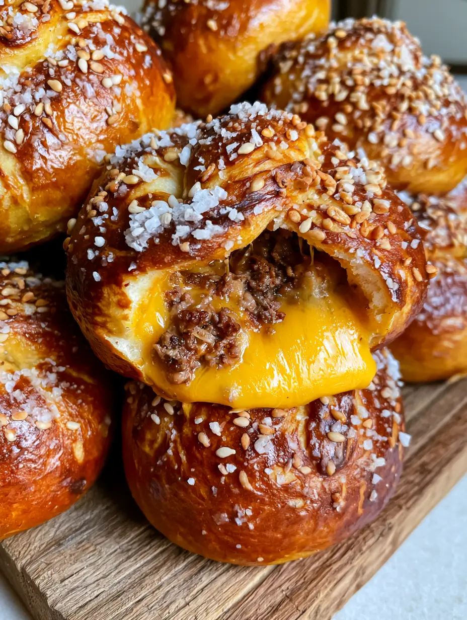 Close up shot of several golden-brown cheeseburger pretzel bombs piled on a rustic board dusted with coarse salt.